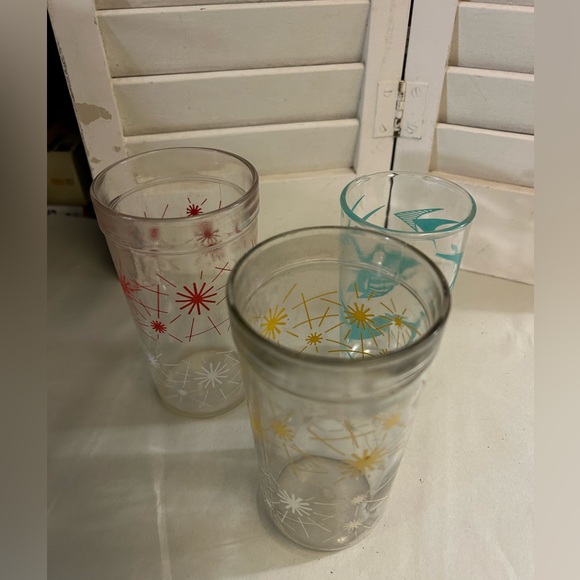3 Vintage 50s 60s atomic drink glass Starburst Boomerang Teal Red Yellow MCM - Picture 4 of 16